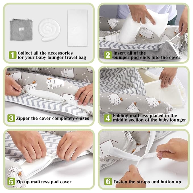 Baby Lounger for Newborns & Infants 0–24 Months, 100% Cotton Breathable Infant Support Cushion with Adjustable Size, Portable Baby Nest for Home and Travel, Baby Shower Gift (Elephant Grey)