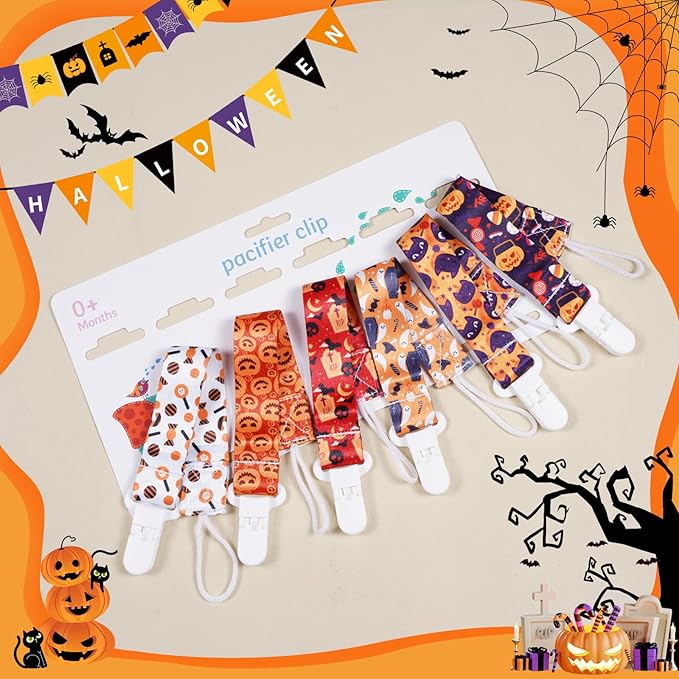 Baby Pacifier Clip,Paci Leash Binky Clips for Baby Boys and Girls,Newborn Essentials,Pack of 6 Gift Set. (Halloween)