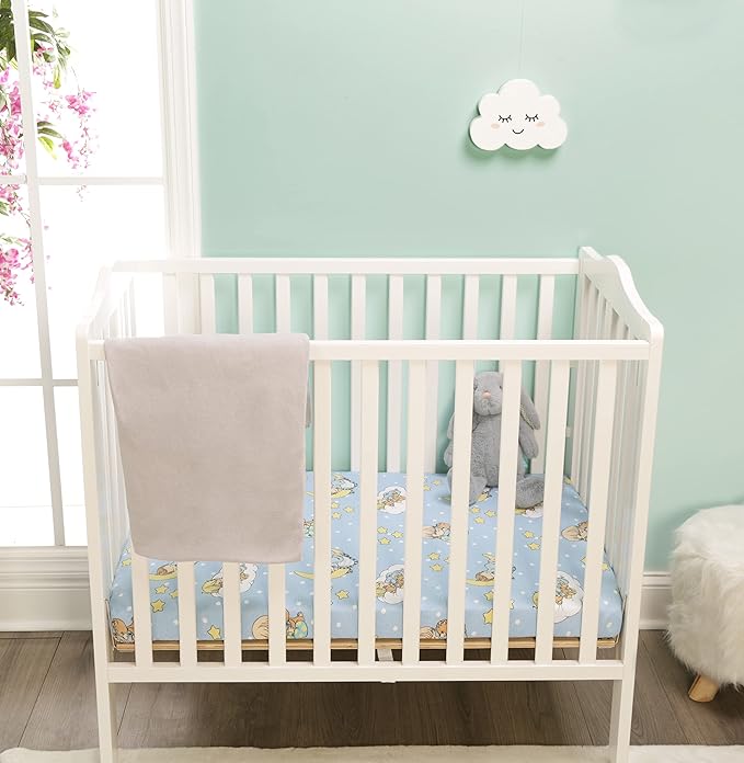 2 Pack n Play Mattress Sheets – 100% Jersey Knit Cotton Soft Portable Crib Mattress Sheet for Boys with Blue and Yellow Precious Moments Design; 2 Pk Playpen Mattress or Mini Crib Fitted Sheet Set