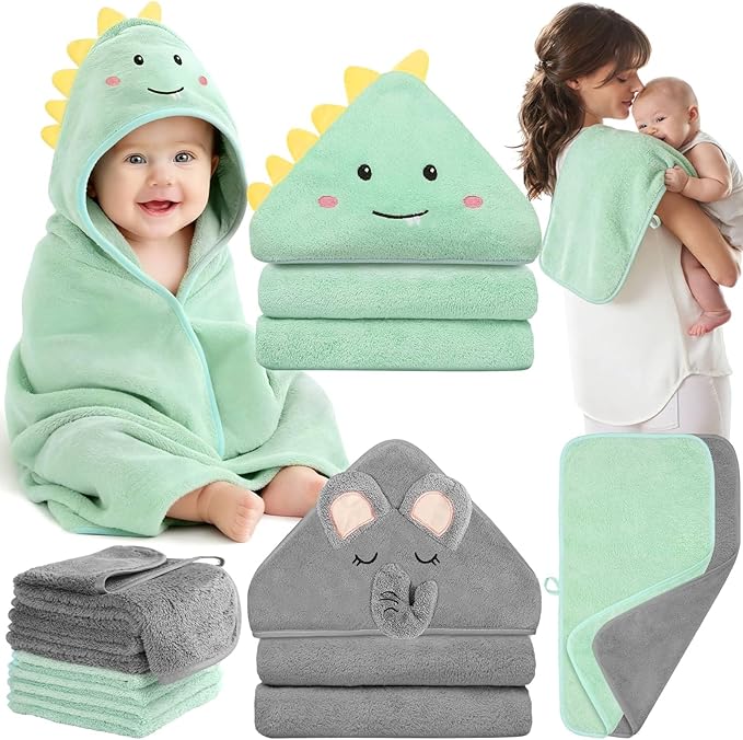 Flasoo 12 Pcs Baby Towel Set, Soft Baby Bath Towels and Washcloths Set, 2 Pcs Hooded Baby Towel, 2 Pcs Baby Burp Cloths and 8 Pcs Baby Washcloths for Infants, Toddlers and Kids (Dinosaurs & Elephants)