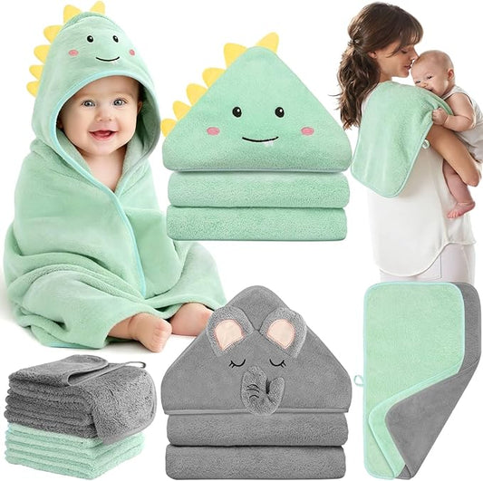 Flasoo 12 Pcs Baby Towel Set, Soft Baby Bath Towels and Washcloths Set, 2 Pcs Hooded Baby Towel, 2 Pcs Baby Burp Cloths and 8 Pcs Baby Washcloths for Infants, Toddlers and Kids (Dinosaurs & Elephants)