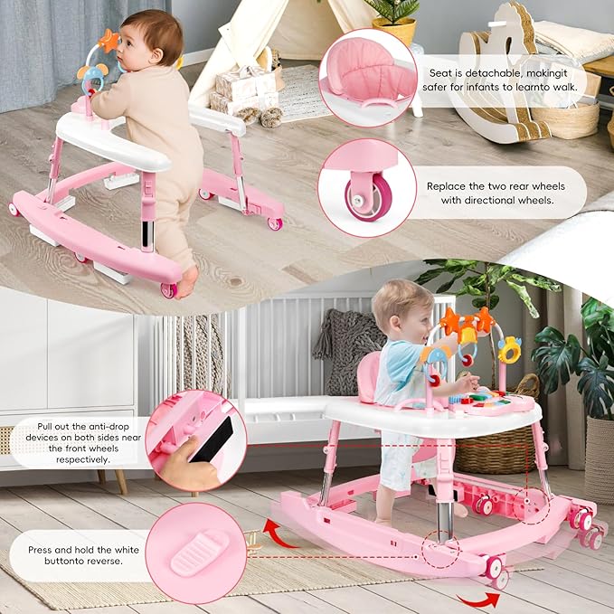 5 in 1 Baby Walker Foldable Music and Lights with 5 Adjustable Heights, Baby Walker with Wheels Portable, Infant Toddler Walker for Baby Boy Girls 6-18 Months (Pink)
