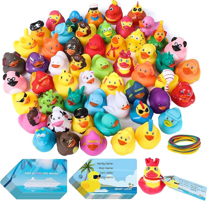 60 PCS Cruise Duck Tags Kits Includes 20 Pcs Cruise Ducks and 20 Pcs Cruise Duck Tags with 20 Pcs Rubber Bands, Cruising Rubber Ducks for Cruise Ship Hiding Ducks