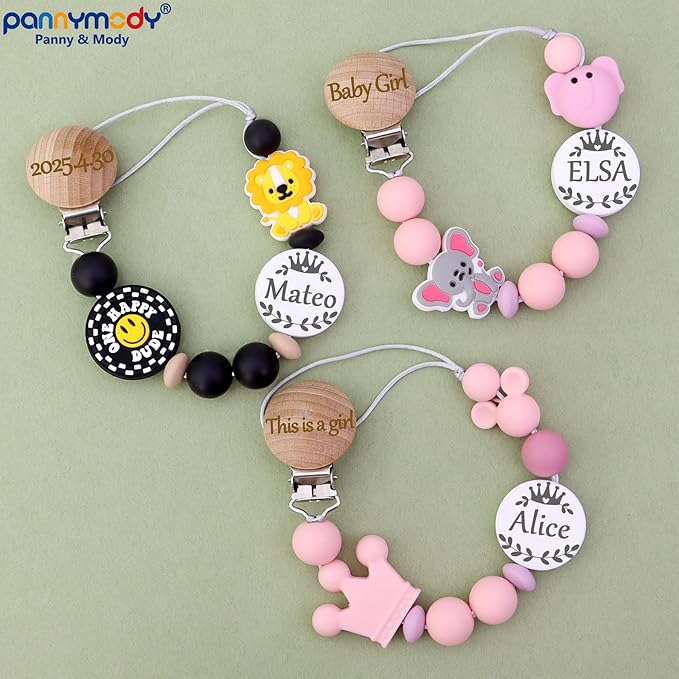 Personalized Pacifier Clip with Name, Custom Animal Pacifier Clips for Boy Girl, Personalized Custom Baby Gifts for Newborn (Mouse-Pink)