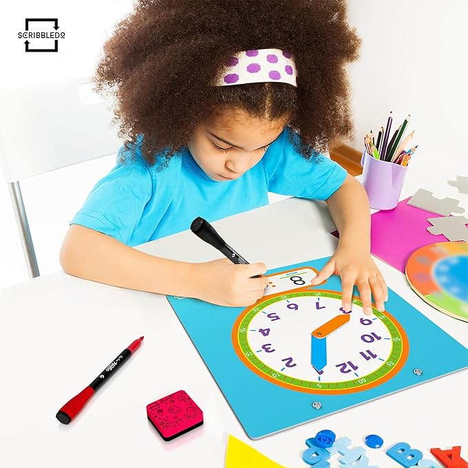 Scribbledo Writable Dry Erase Learning Clock for Kids Write & Wipe Demonstration Clock for Kids Learning to Tell Time Classrooms and Homeschool Supplies
