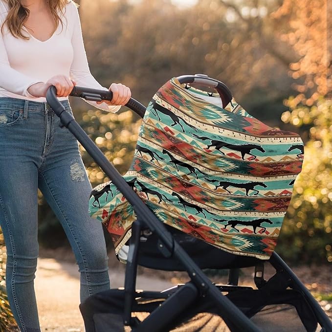 Youngerbaby Aztec Western Horse Nursing Cover for Newborns Breastfeeding Cover Scarf Baby Car Seat Covers Infant Stroller Cover Carseat Canopy for Girls and Boys Full Coverage