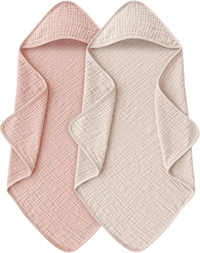 MairMore Hooded Baby Bath Towels, 100% Muslin Cotton Baby Girl Towels with Hood for Neutral Newborn Infants, Soft & Absorbent, Large Size - 32 * 32 Inches (Ivory & Pink)
