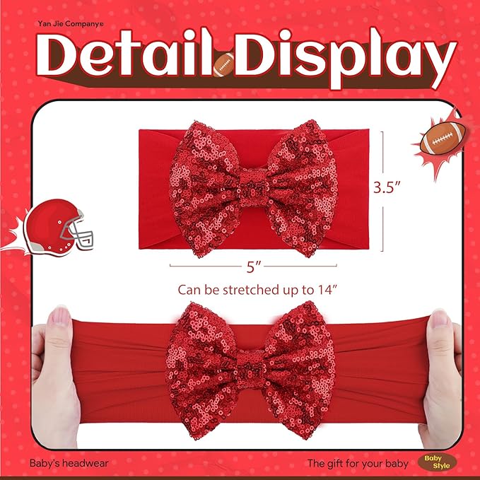 Football Baby Girls Headbands Sequin Glitter Hair Bow for Newborn Infant Toddler Kids Red Baby Head Bows Baby Girl Football Outfit