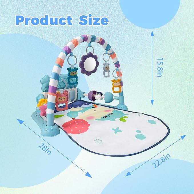 Cuterabit Baby Tummy Time Play Mat, Kick and Play Piano with Music and Light, Activity Gym Center for Newborn Babies Infants Boys Girls 0-3-6-9-12 Months (Blue)