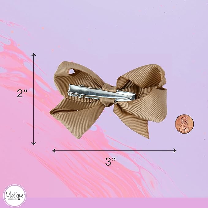 3 Inch Grosgrain Bow for Little Girls- Set of 2 (Taupe)