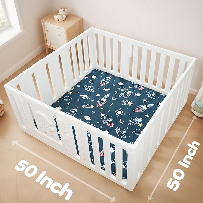 1.5" Thick Premium Baby Floor Play Mat, 50x50 Padded Memory Foam Mat, Tummy Time Crawling Playmat for Nursery Playroom Classroom, Space Adventure