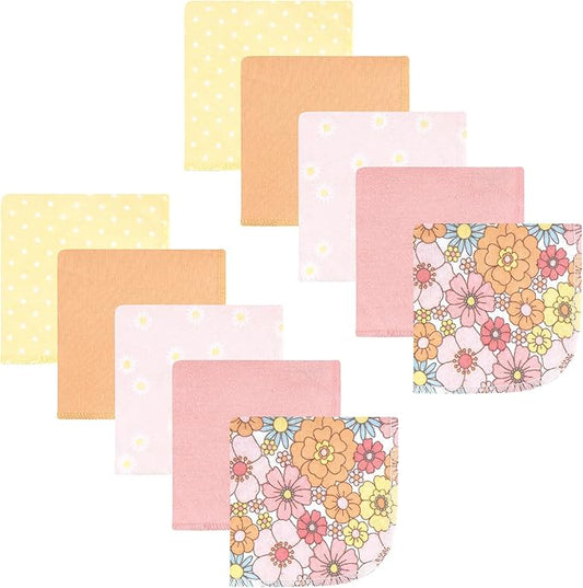 Hudson Baby Unisex Baby Flannel Cotton Washcloths, Peace Love Flowers 10 Pack, One Size