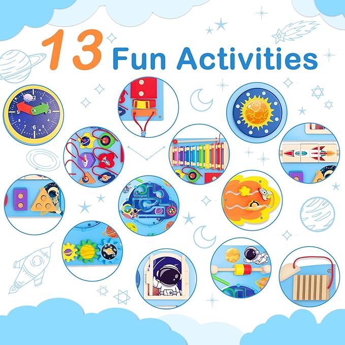 Montessori Busy Board, Sensory Wall Panel for Kids, Activity Wall Busy Board with DIY Rocket Stickers, Activity Cube Wooden Boards for 3+ Years Old