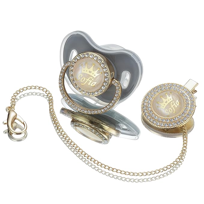 Sparkling Bling Custom Baby Pacifiers and Clips/Holder Kit with Name Personalized with Rhinestones for Boy and Girl Baby Shower (Gray)