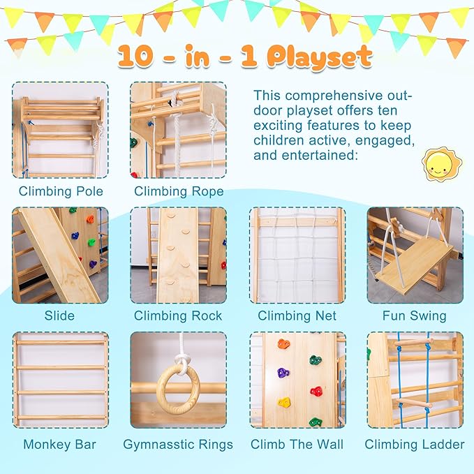 ZMAD Swedish Ladder Wall Gym & Climber – Featuring a Rock Climbing Wall, Wooden Swings, Gymnastic Rings, Rope Ladders, and Stretching Equipment for Indoor Playground， Spring 2026 (10-in-1)