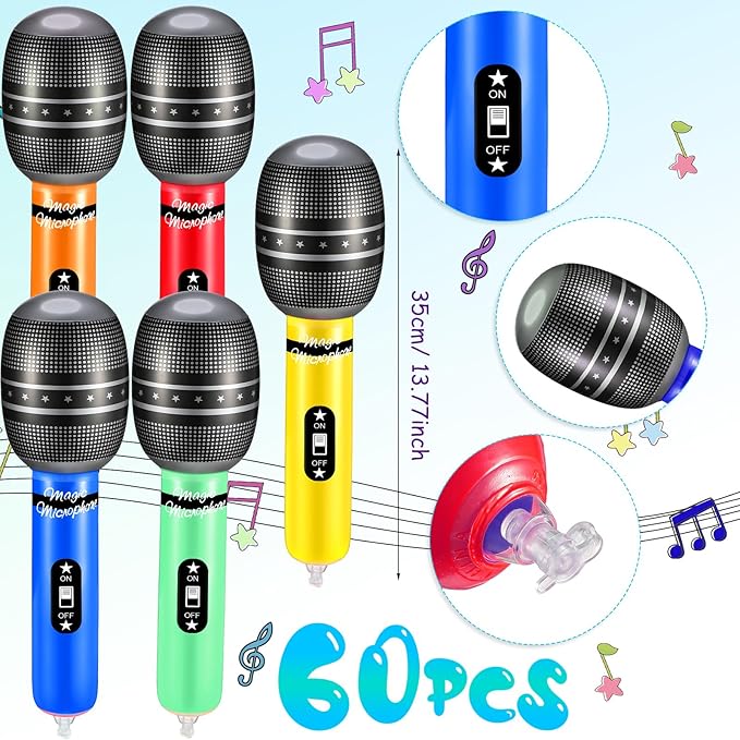 60 Pieces Inflatable Microphones Large Blow up Microphone Assorted Colors Inflatable Microphone Pretend Microphones Inflates Plastic Toy Props for Christmas Birthday Musical Concert Party Supplies