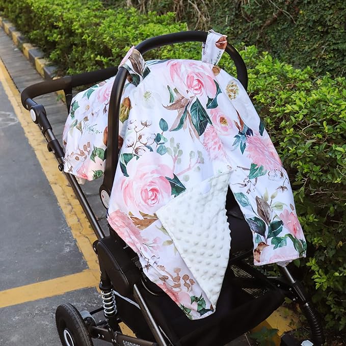 DILIMI Car Seat Covers for Babies, Peekaboo Opening Infant Car Seat Canopy for Baby Boys Girls, 2 in 1 Mom Nursing Breastfeeding Covers, Minky Warm Carseat Canopy for Newborn, Pink Flower