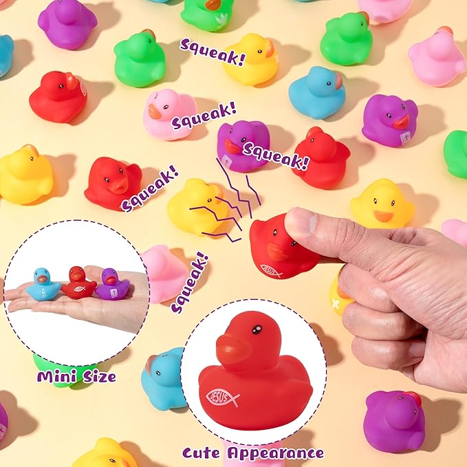 Haooryx Christian Mini Rubber Duck - 60Pcs Religious Cross Jesus Novelty Duck Squeak Bathtub Float Bath Toy for Church Event Classroom Reward Birthday Gift Religious Party Favor Easter Basket Stuffer