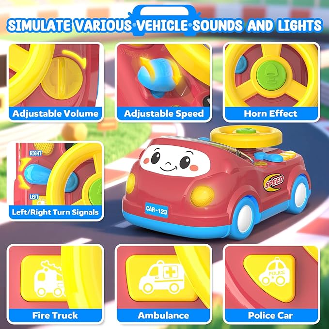 Toys for 1 Year Old Boy Gifts - 2-in-1 Toddler Push Car & Musical Racing Adventure Steering Wheel Driving Game, Interactive Simulated Driving Car for Baby 12-18 Months,Birthday Gift Ages 1-2,Light Red