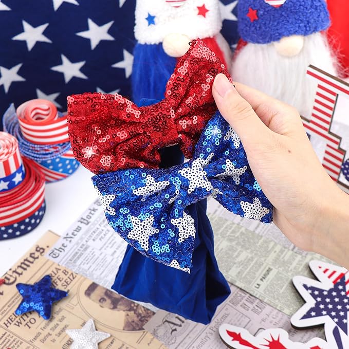 4th of July Red Blue Headband Sequin Bows Glitter Hair Bow for Girls Toddler Patriotic Star Headband Accessories Infant