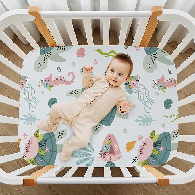 Fitted Crib Sheets Turtle Sea Horse Stretchy Portable Playard Sheets for Baby Toddler, Breathable Soft Mini Crib Mattress 52 x 28 in for Boys and Girls