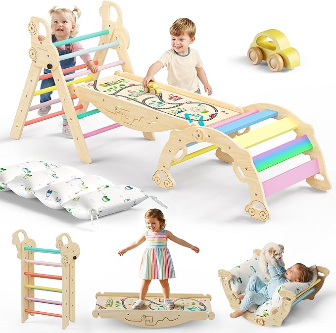 Pikler Triangle Climbing Set with Cushion, Foldable Climbing Toys Indoor, Montessori Toddler Gym, 10-in-1 Climber & Playground, Gift for Christmas, Birthday, New Year (Rainbow Valley)