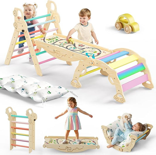 Pikler Triangle Climbing Set with Cushion, Foldable Climbing Toys Indoor, Montessori Toddler Gym, 10-in-1 Climber & Playground, Gift for Christmas, Birthday, New Year (Rainbow Valley)