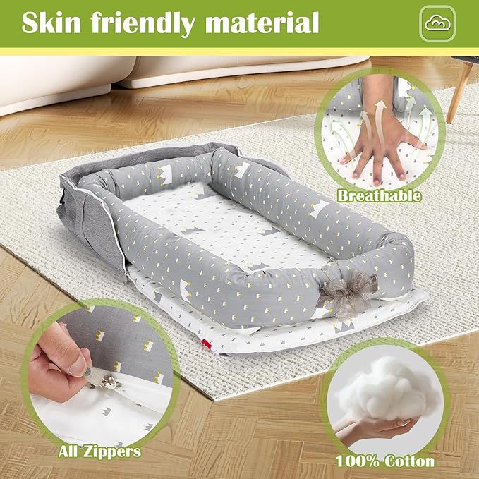 Baby Lounger for Newborns & Infants 0–24 Months, 100% Cotton Breathable Infant Support Cushion with Adjustable Size, Portable Baby Nest for Home and Travel, Baby Shower Gift(Crown Grey)