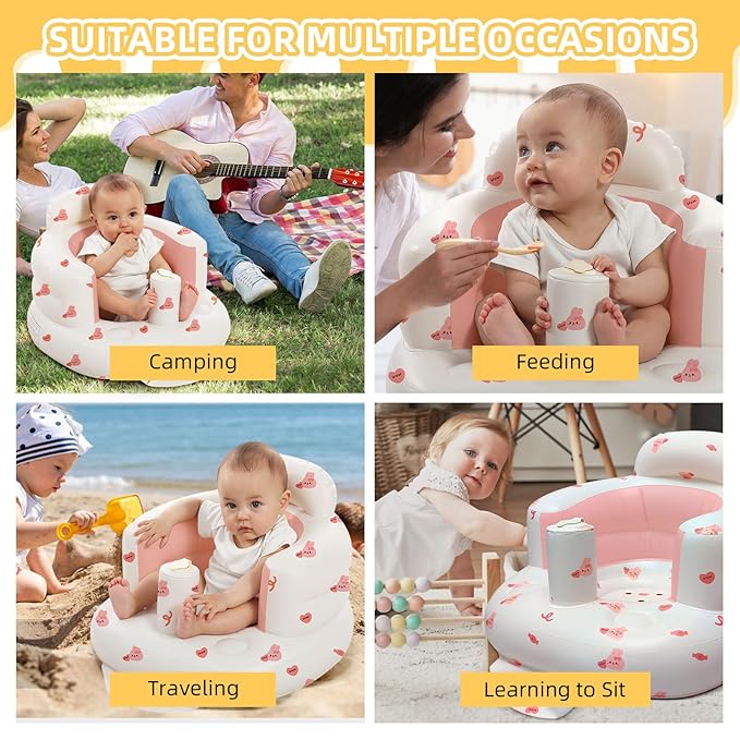 AGITVPS Upgrade Inflatable Baby Seat with Tray for Babies 3-36 Months, Built in Air Pump Bumbo Seat with Tray, Baby Chair Sit Me up Floor Seat for Baby, Learning to Sit&Feeding (Pillar-Love Bunny)