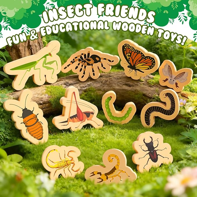 20 PCS Wood Bugs and Insect Block Toys for Kids Wooden Minibeast Blocks Natural Classroom Science Learning Toy Boys and Girls Educational Preschool Learning