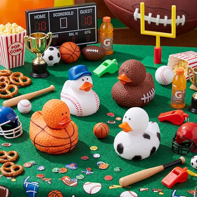 Deekin 24 Pcs Rubber Ducks 2 Inch Bulk Sport Party Favors for Team Events Decorations Birthday Party Supplies Club Player Gift (Basketball,Football,Soccer,Baseball)