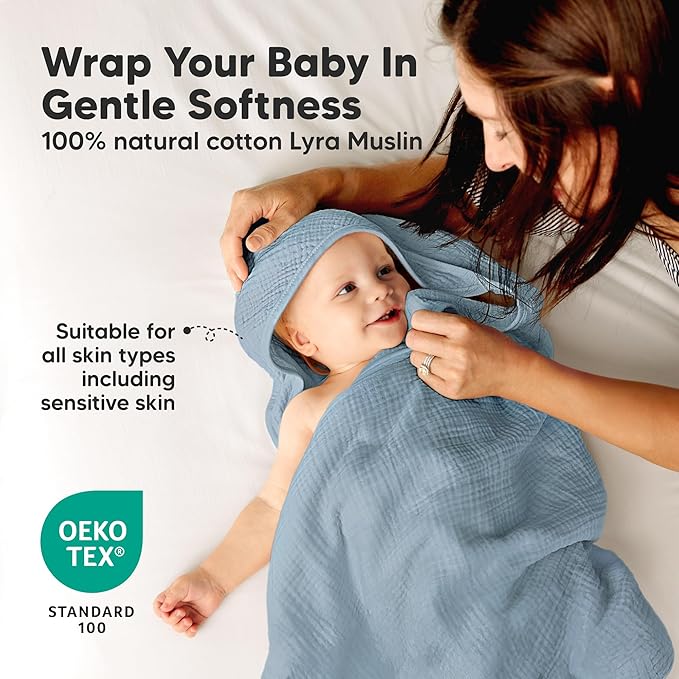 KeaBabies Muslin Hooded Baby Towels for Newborn Girls, Boys - 2-Pack, 30x30 Organic Cotton Baby Bath Towels Hooded, Soft Absorbent, Toddlers, Kids, Infant, Newborn Bath Essentials (Steel, Petite)