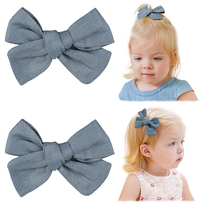 Jollybows 2pcs 3.2" Hair Bows Clips for Baby Girl Toddler Pigtail Neutral Linen Hair Clip Bows -Blue Denim