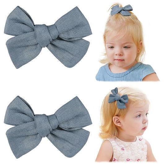 Jollybows 2pcs 3.2" Hair Bows Clips for Baby Girl Toddler Pigtail Neutral Linen Hair Clip Bows -Blue Denim