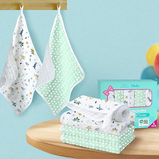 VOOVA & MOVAS 6 Pack 100% Muslin Cotton Baby Washcloths with Handing Loop | 13x13 Inches | Highly Absorbent | Ultra-Soft Newborn Burp Cloths | Perfect Set |Triangle & Dino Patten