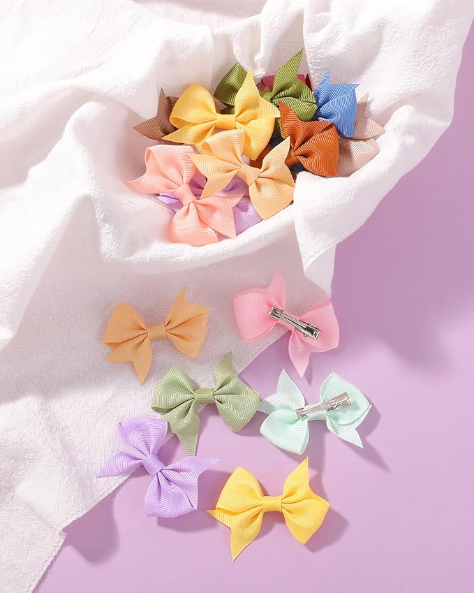 doboi 50PCS 2.5'' Baby Hair Clips Small Bows Fully Lined Grosgrain Boutique Solid Ribbon Small Bows for Girls Teens Infants Kids Toddlers Newborn (Gentle colors)