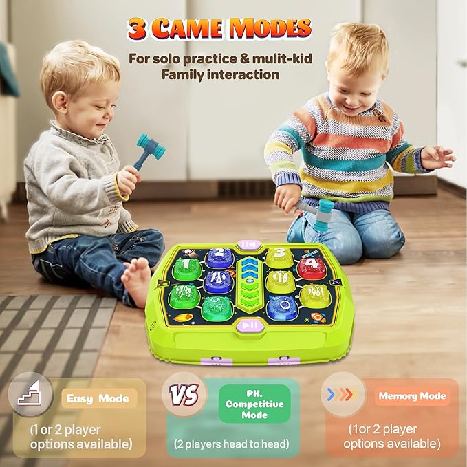 Whack Game Mole Toy for Toddler, Toys for 3 4 5 6+ Year Old Boys/Girls, Interactive Educational Pounding Toys with 2 Hammers, Music & Light, 3 Modes, Birthday Xmas Gifts for Boys Girls Kids Age 3-8