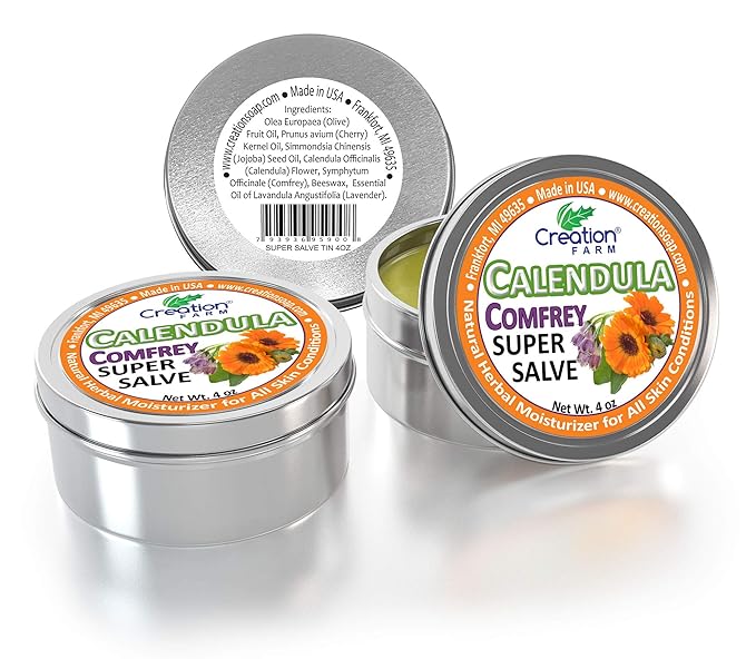 Calendula Comfrey Super Salve by Creation Farm, Herbal Balm, Moisturizer, and Ointment with No Gluten, Soy, GMO or Parabens, Made in USA Comforts many issues.