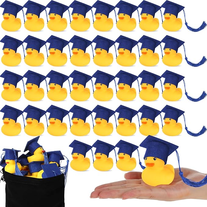 Jerify 48 Pcs Graduation Rubber Ducks with Grad Cap 2026 Diploma Grad Rubber Duck Graduation Party Bath Pool with Storage Bag for Student Gifts Party Favor(Blue)