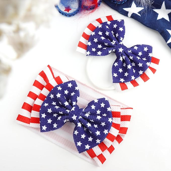 YanJie 4th of July Hairband - Baby Girl Headbands with Multicolor Printed Nylon Elastic Hair Bow Headband for Baby Girls Infant (2 Count, Pack of 1)