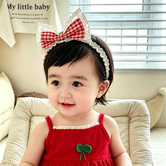 Baby Girls Hairbands Bow Lace Headband Handmade Soft Stretchy Pink Bowknot Hairbands Newborn Hairband with Bows Elastic Hair Bands for Kids Infant(Red Plaid Bow