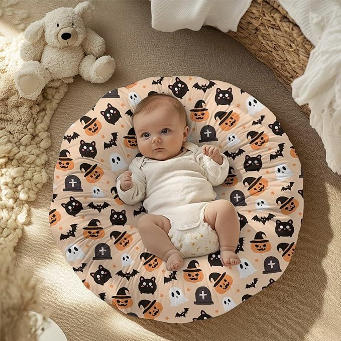 Pumpkin Cats and Bat Newborn Lounger Pillow Cover Removable Soft Comfortable Slipcover for Infant Lounger Pillow Cover Easy to Use and Dustptoof