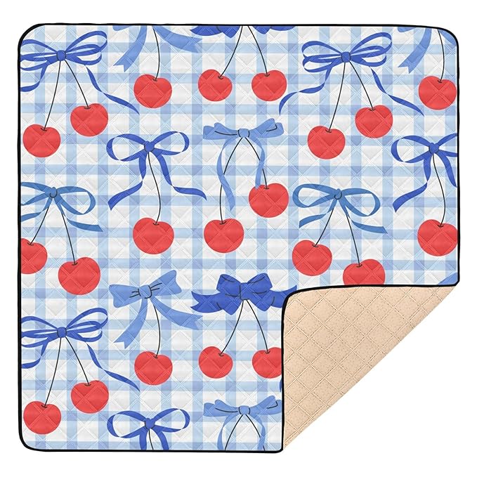 Baby Play Mat Checkered Cherries Bows Blue 50 x 50 Playpen Mat Baby Play Mats for Floor Play Gym Crawling Mat Non-Slip Cushioned Baby Playmat for Infants, Babies, Toddlers