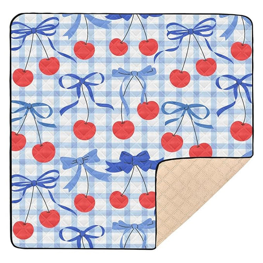 Baby Play Mat Checkered Cherries Bows Blue 50 x 50 Playpen Mat Baby Play Mats for Floor Play Gym Crawling Mat Non-Slip Cushioned Baby Playmat for Infants, Babies, Toddlers