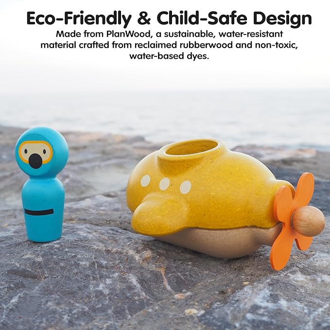 PlanToys® Submarine Wooden Baby Bath Toy for Toddlers | Waterproof Pool Toy | Educational Bathtub Toy for Fine Motor Skills & Imagination | Non-Toxic Toy 18+ Months