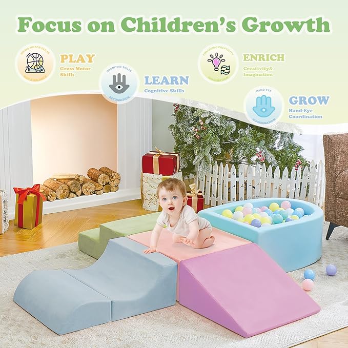 QUCHI 5-Piece Climbing Toys for Toddlers, Toddler Climbing Toys Indoor with Foam Ball Pit (Balls not Included), Soft Foam Climbing Blocks Set Indoor Play Gym for Crawling and Sliding