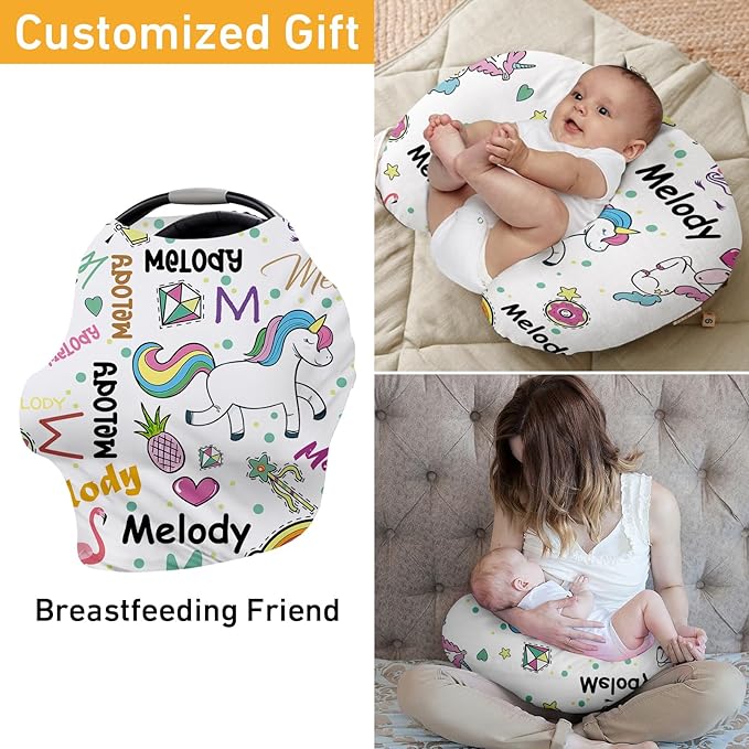 Personalised Car Seat Cover for Babies - White Horse Multi-use Carseat Canopy Cover with Name, Car Seat Covers, Christmas Birthday Gifts for Infant Boys and Girls(27"x29")