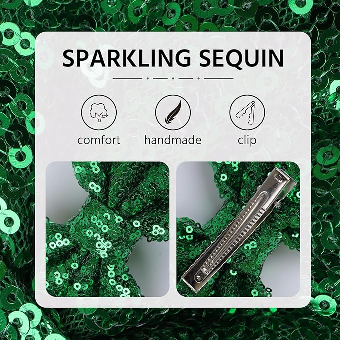 Hair Clip - 5 inches St.Patrick's Day Sequins Large Bow with Alligator Clip - Green - Hair Accessories for Women Teens Babies Toddlers