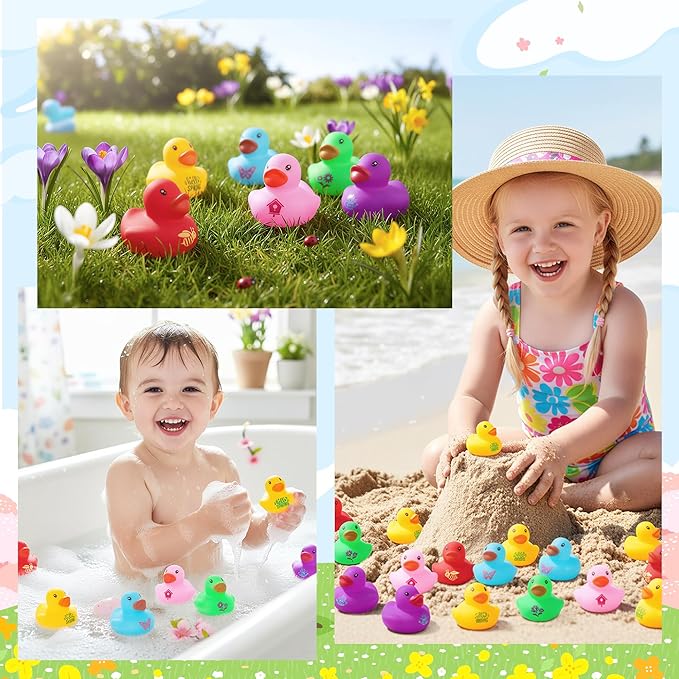 Haooryx Spring Mini Rubber Duck - 60Pcs Spring Holiday Colorful Novelty Duck Squeak Bathtub Float Bath Toy for Kids Classroom Reward Birthday Gift Easter Decor Basket Stuffer Pool Party Favor Supplies