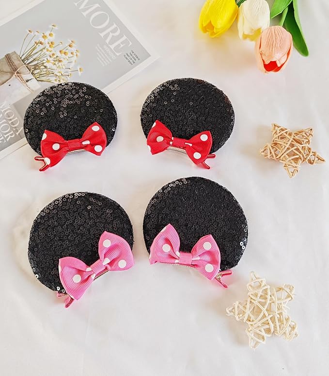 Hjiaruiky Mouse Ears Hair Clips Hair Bows Barrettes Accessories for Toddler Girls Women kids Party Birthday 4PCS
